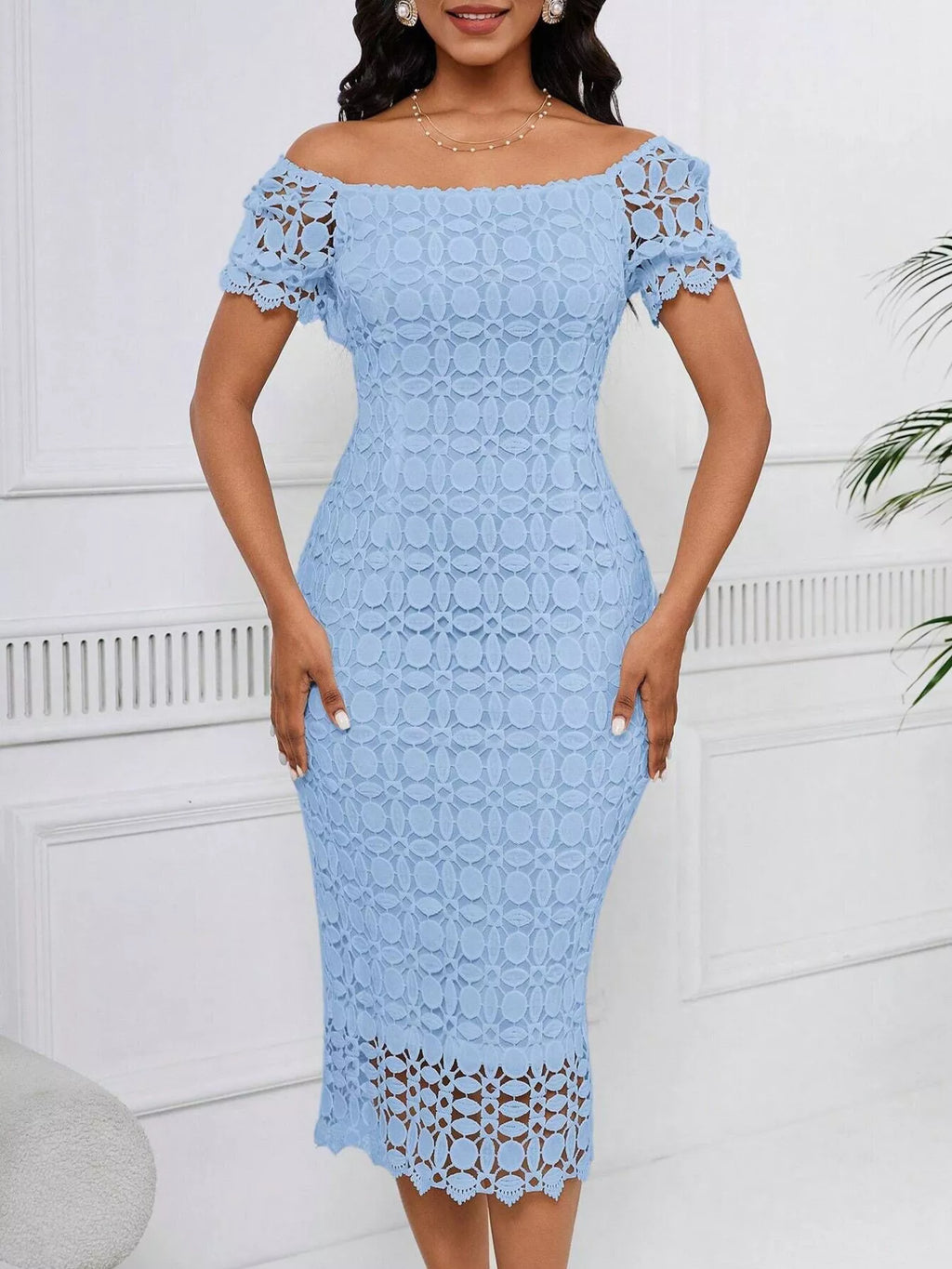 Lace Short Sleeve Midi Dress (7)