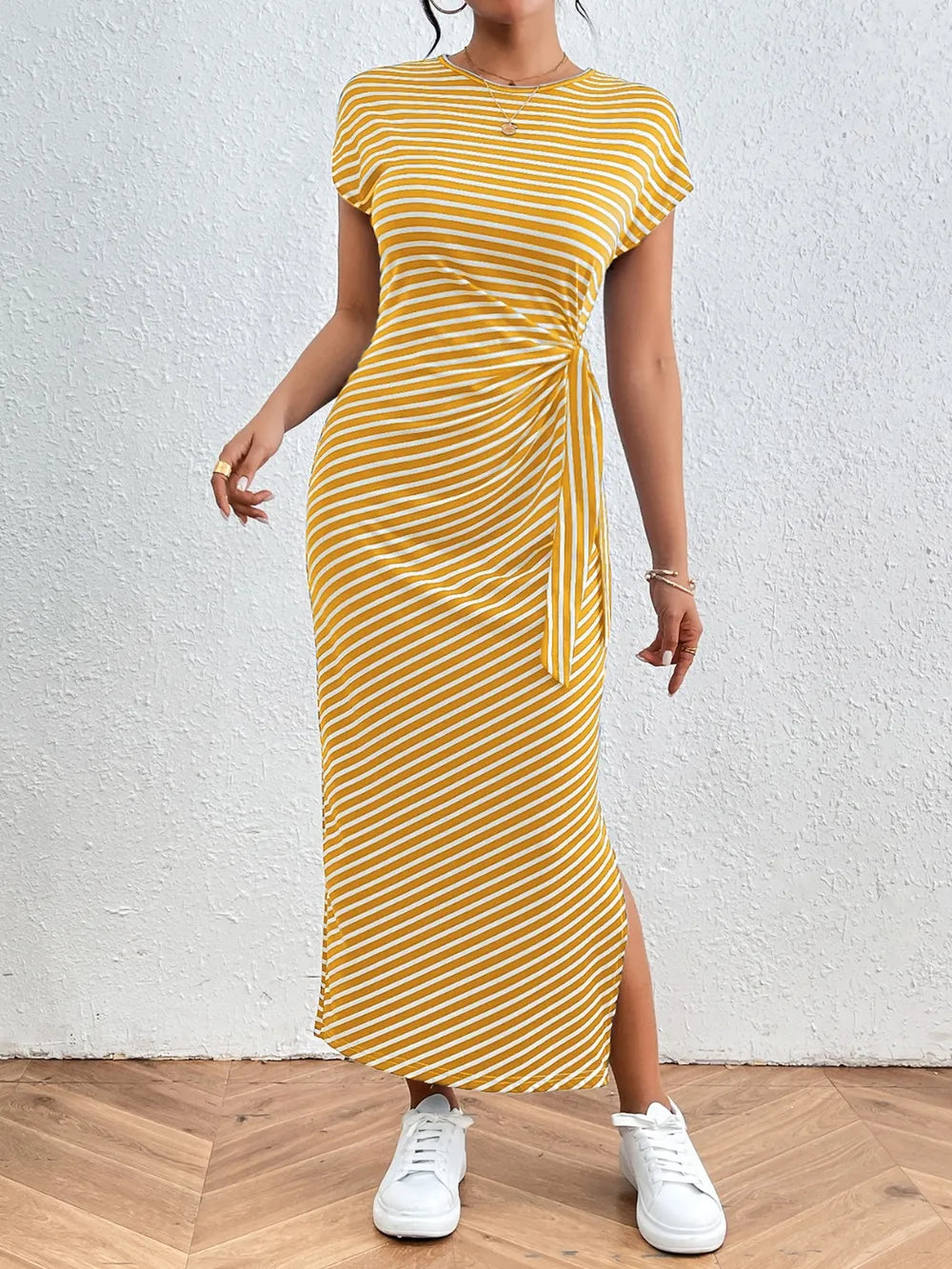 Tied Striped Round Neck Short Sleeve Tee Dress (15)