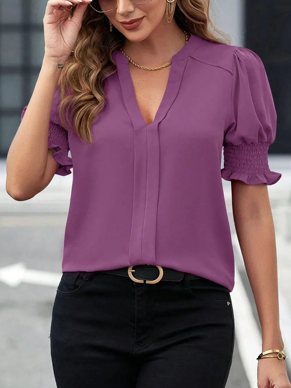 Notched Short Sleeve Blouse (9)
