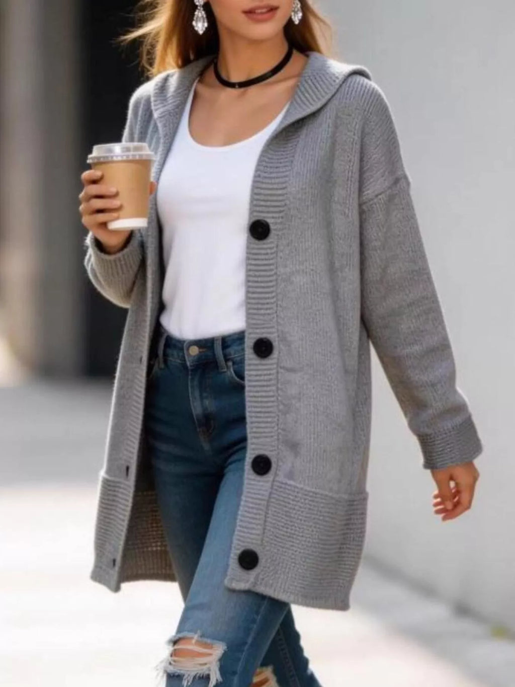 Full Size Casual Hooded Button-down Knit Cardigan Plus