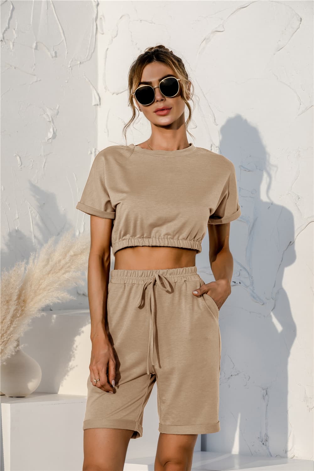 Short Sleeve Cropped Top Drawstring Shorts Lounge Set (7)