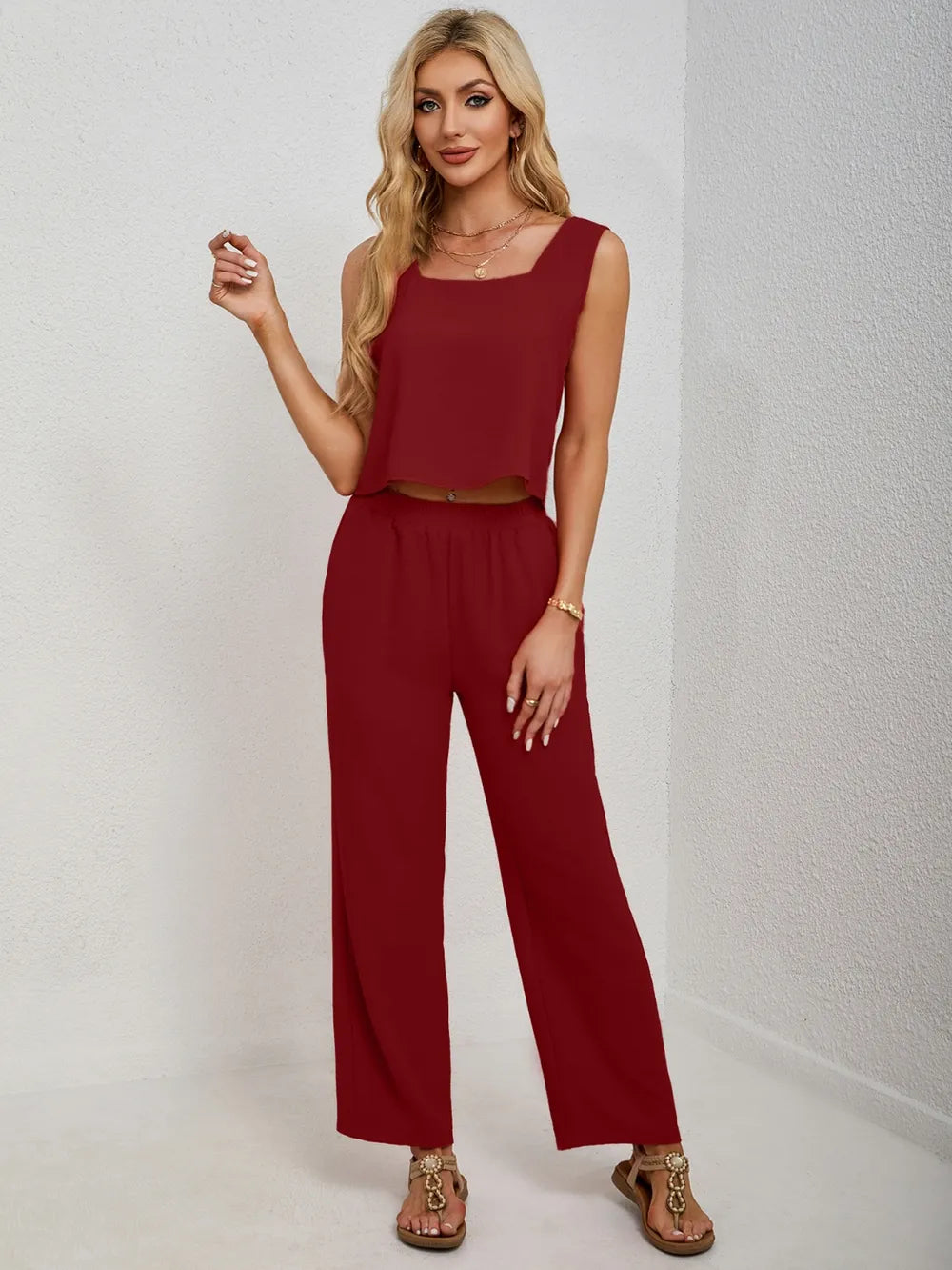 Square Neck Tank Wide Leg Pants Set (16)