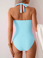 Twisted Front Halter Neck Ruched One-piece Swimsuit (21)