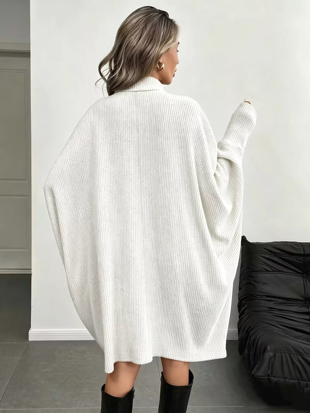 Oversized Batwing Sleeve Ribbed Knit Turtleneck Dress (16)