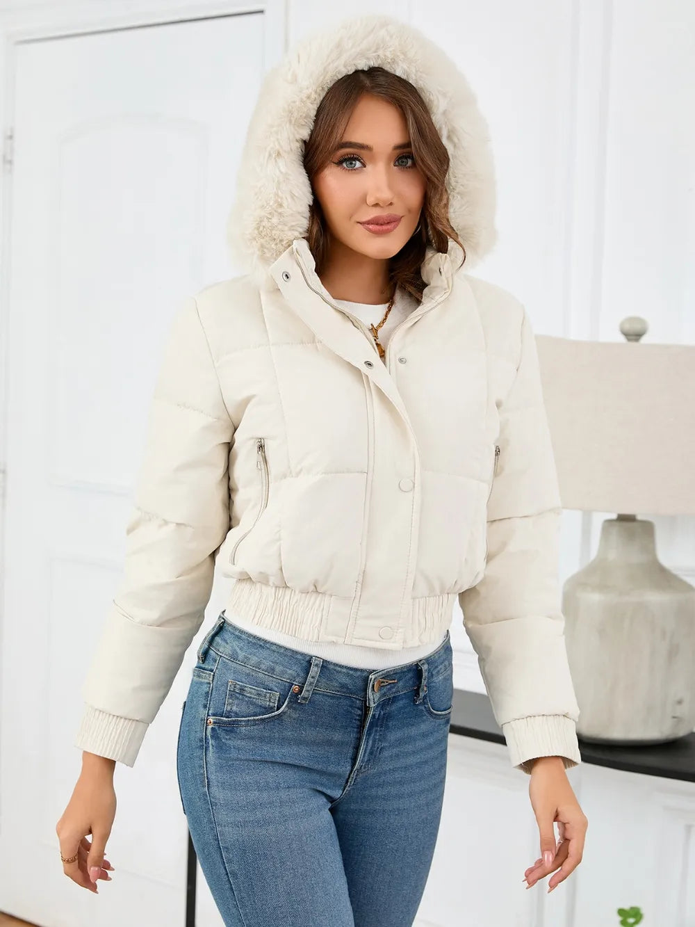 Pocketed Long Sleeve Cropped Hooded Winter Coat (11)