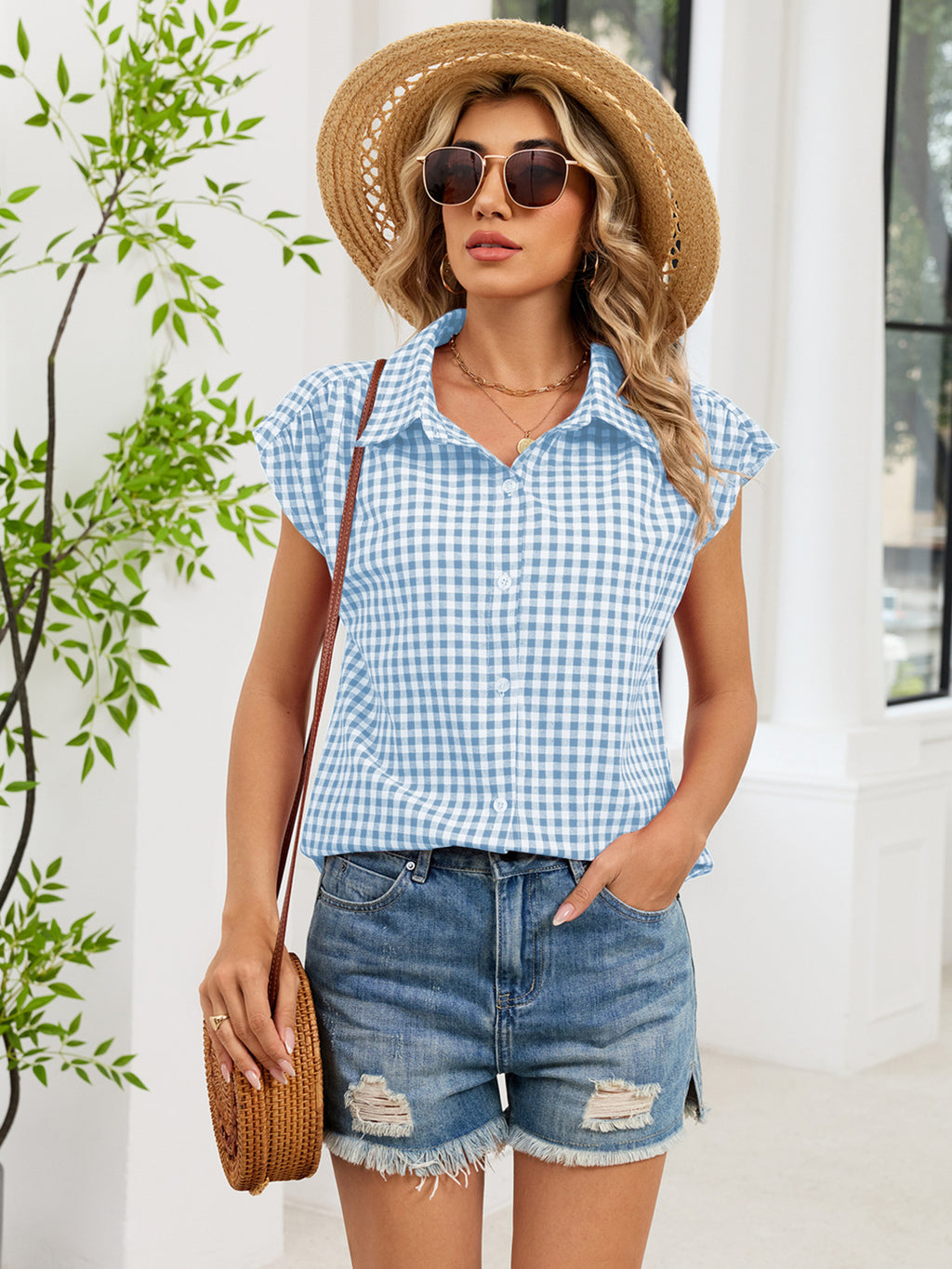 Plaid Button Up Cap Sleeve Shirt (9)