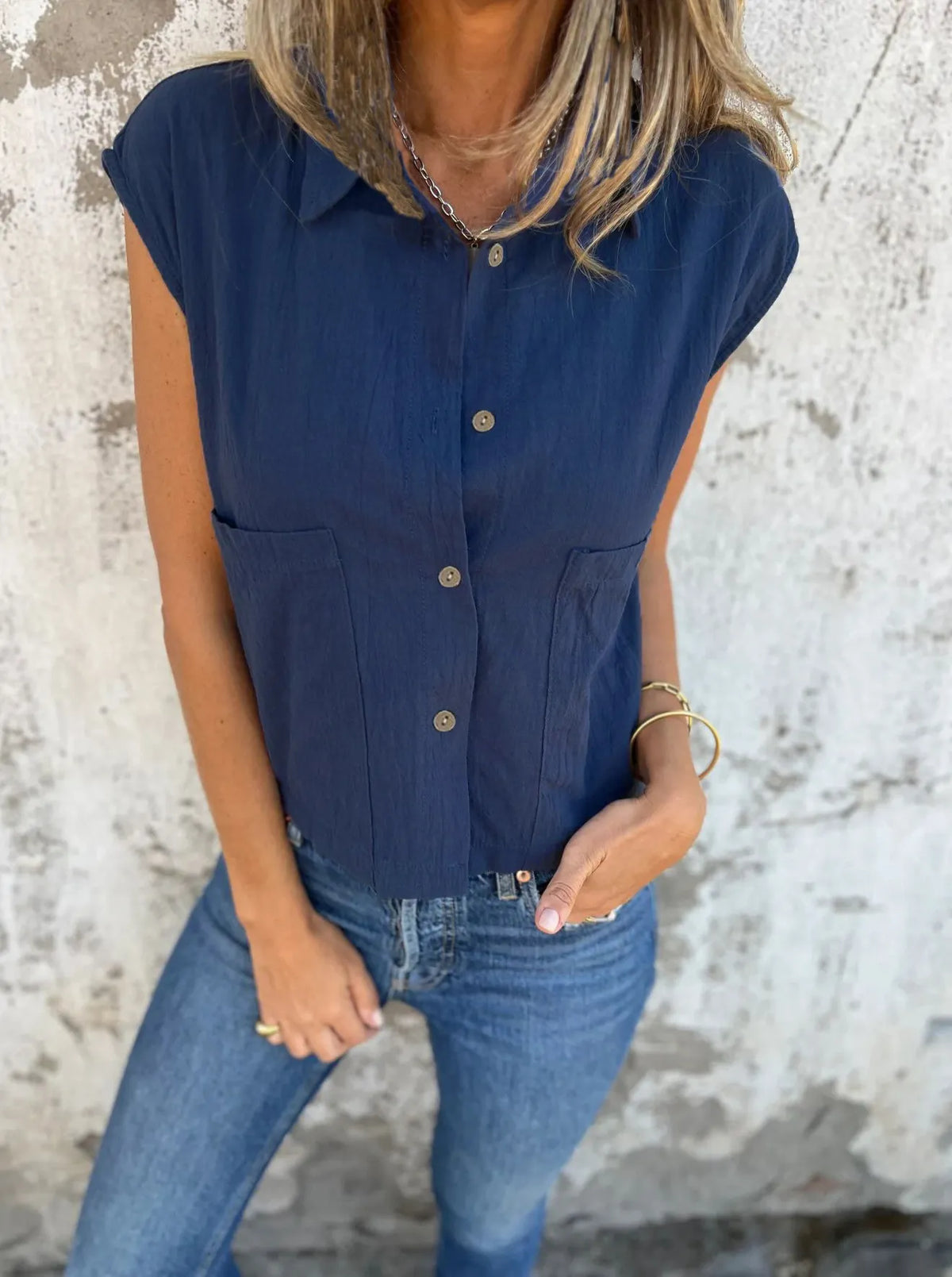 Full Size Button Down Cap Sleeve Linen Shirt Plus (10)