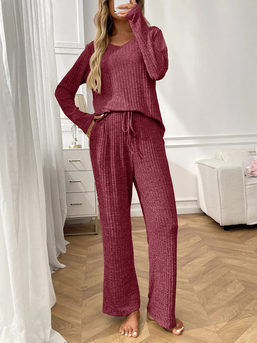 Ribbed Long Sleeve Top Pants Lounge Set (21)