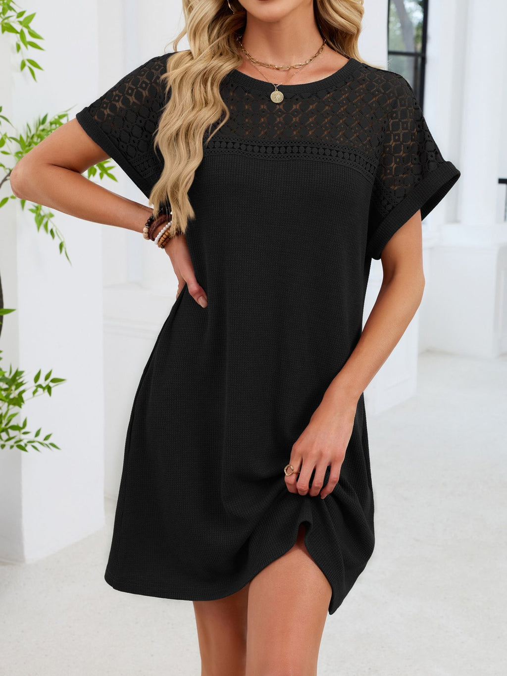Lace Round Neck Short Sleeve T-shirt Dress (22)