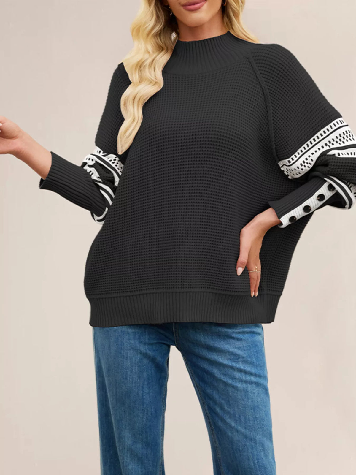 Color-block Mock Neck Waffle Knit Sweater (7)