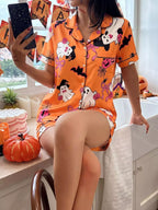 Halloween Ghost Print Button-down Top Shorts Lounge Set (3)