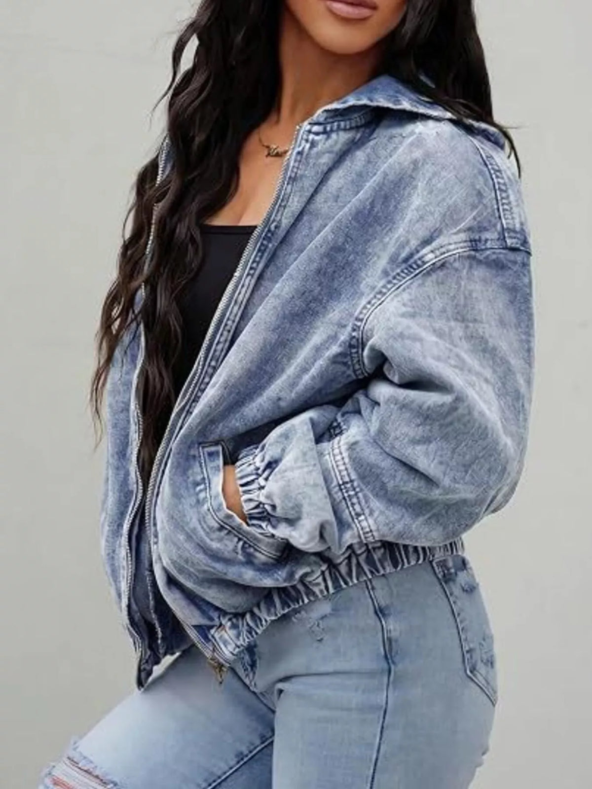 Vintage Washed Zip Up Hooded Denim Jacket (5)