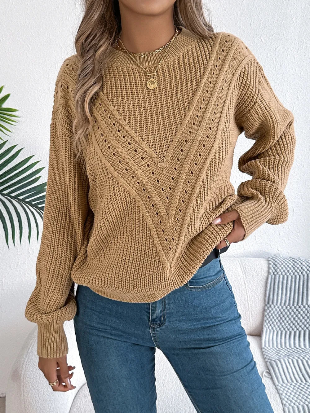 Openwork Round Neck Long Sleeve Sweater (18)