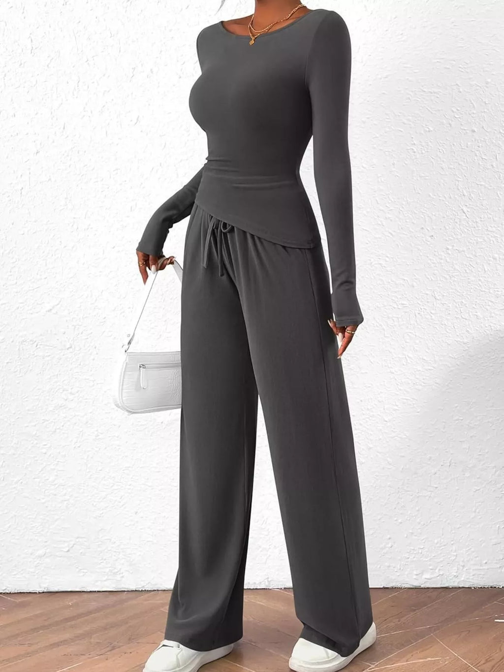 Long Sleeve Top Wide Leg Pants Set (22)