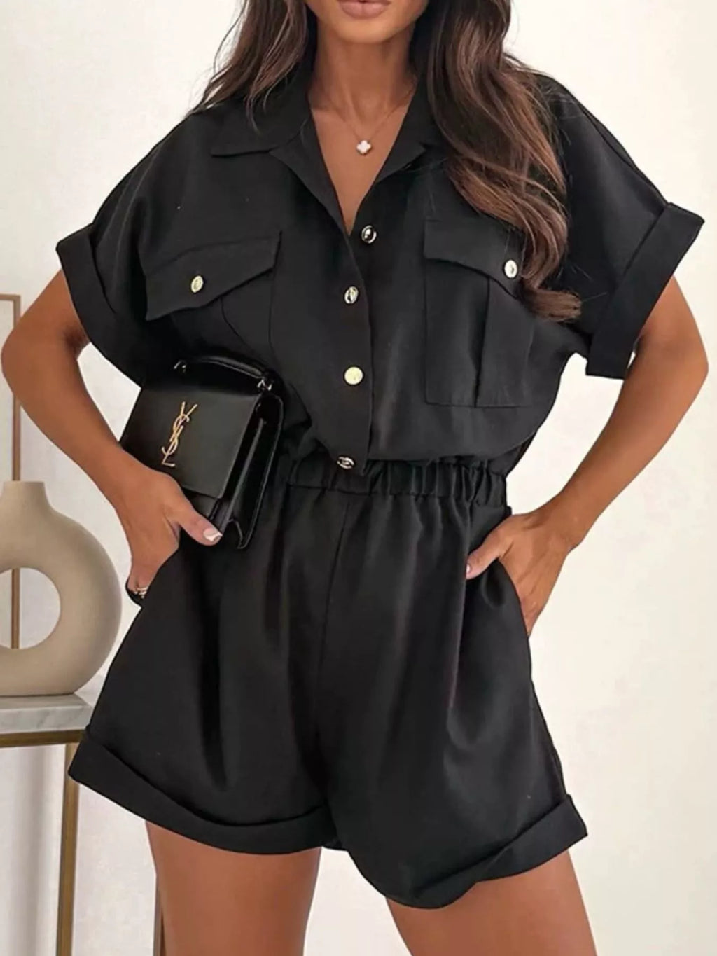 Button Front Short Sleeve Shirt Shorts Set