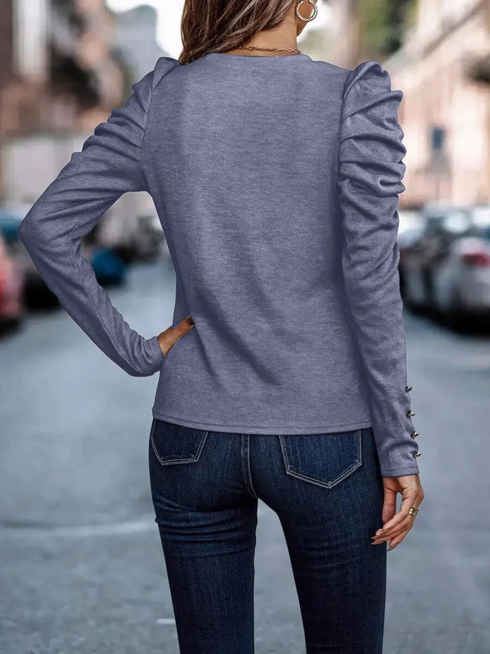 Decorative Button Puff Sleeve T-shirt (15)