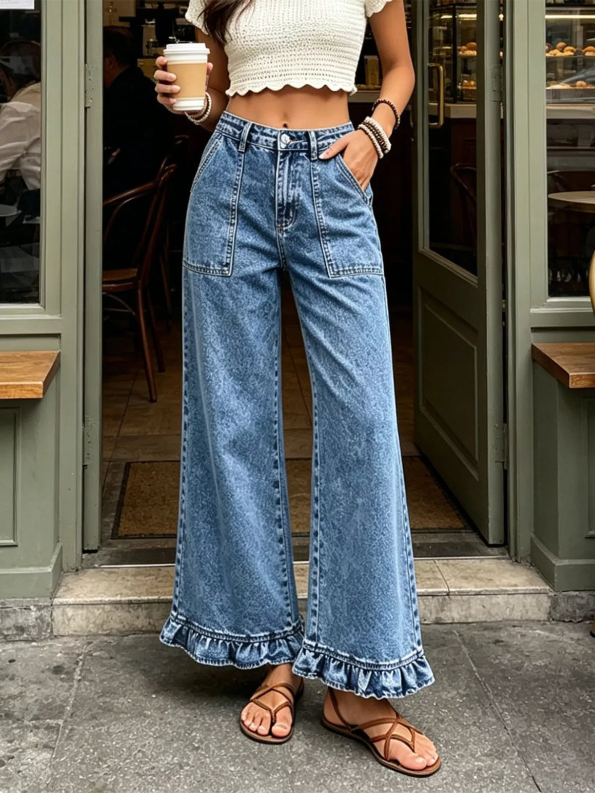 High-waisted Wide-leg Ruffle Hem Jeans (9)