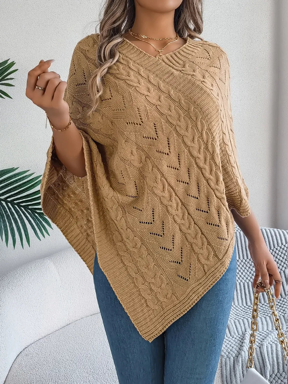 Cable-knit Openwork Three-quarter Sleeve Sweater (9)