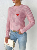 Cable-knit Heart Round Neck Long Sleeve Sweater (3)