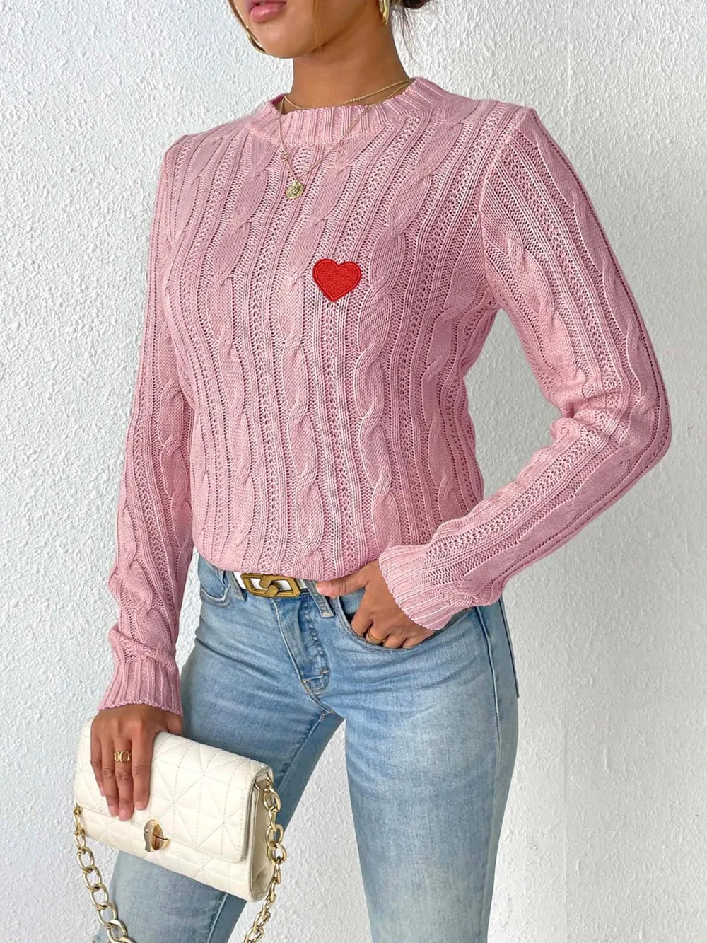 Cable-knit Heart Round Neck Long Sleeve Sweater (3)