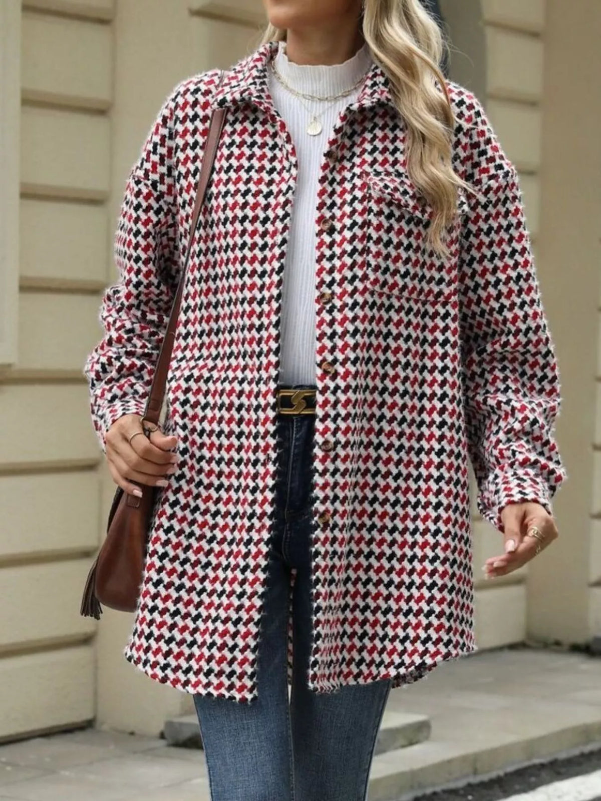 Houndstooth Button Up Long Sleeve Coat (12)