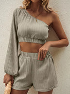 One Shoulder Long Sleeve Top Shorts Set (17)