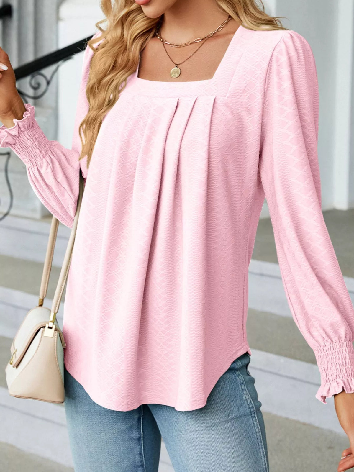 Pleated Square Neck Long Sleeve Top (17)