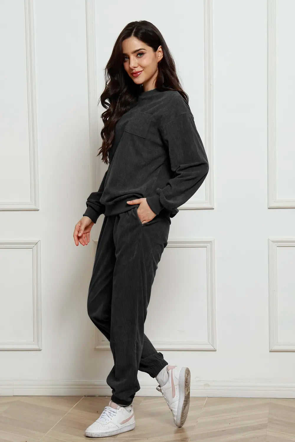 Corduroy Round Neck Sweatshirt Sweatpants Set (5)