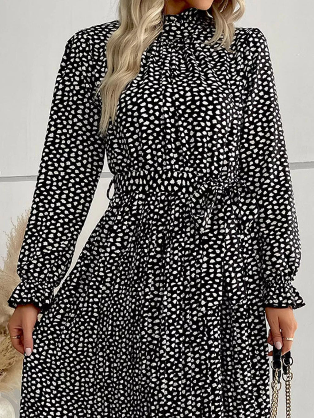 Animal Print Mock Neck Flounce Sleeve Dress (8)