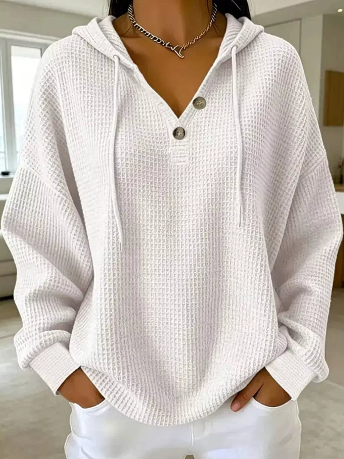 Full Size Waffle Knit Button Detail Hoodie Plus