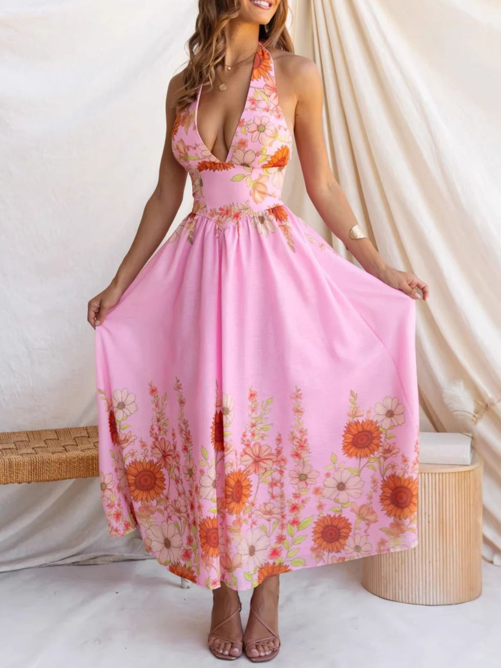 Floral Print Halter Neck Maxi Dress (14)