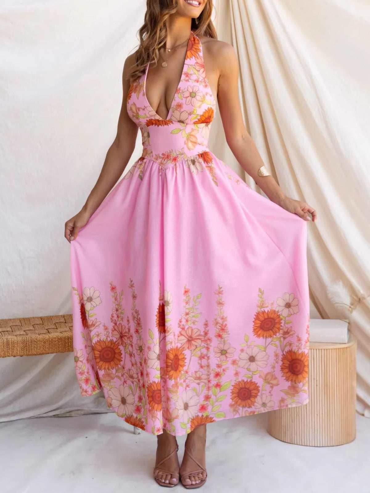 Floral Print Halter Neck Maxi Dress (14)