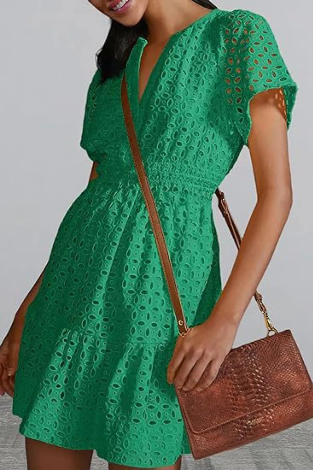 Eyelet Notched Short Sleeve Mini Dress (17)