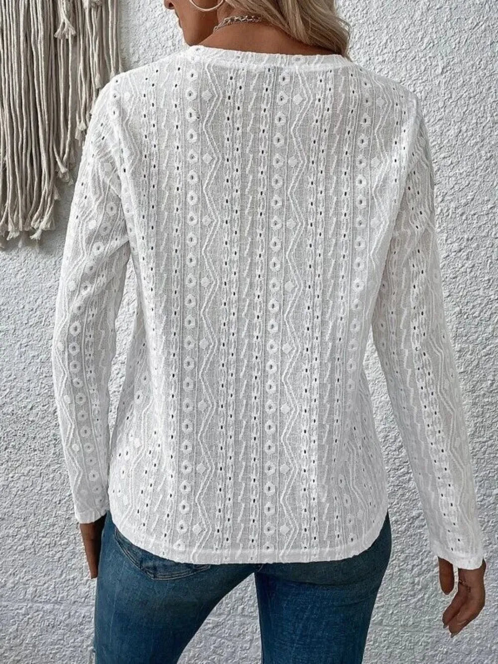 Eyelet Round Neck Long Sleeve Blouse (2)
