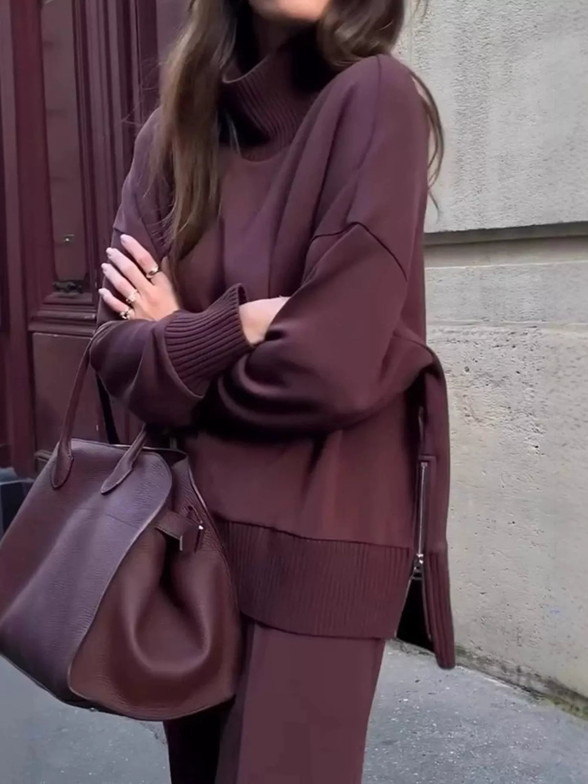 Turtleneck Dropped Shoulder Top Pants Set (2)