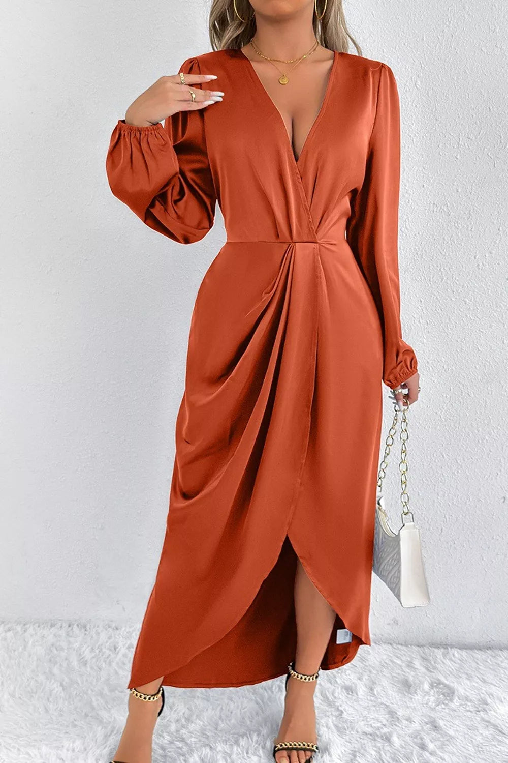 Satin Balloon Sleeve Midi Dress (16)