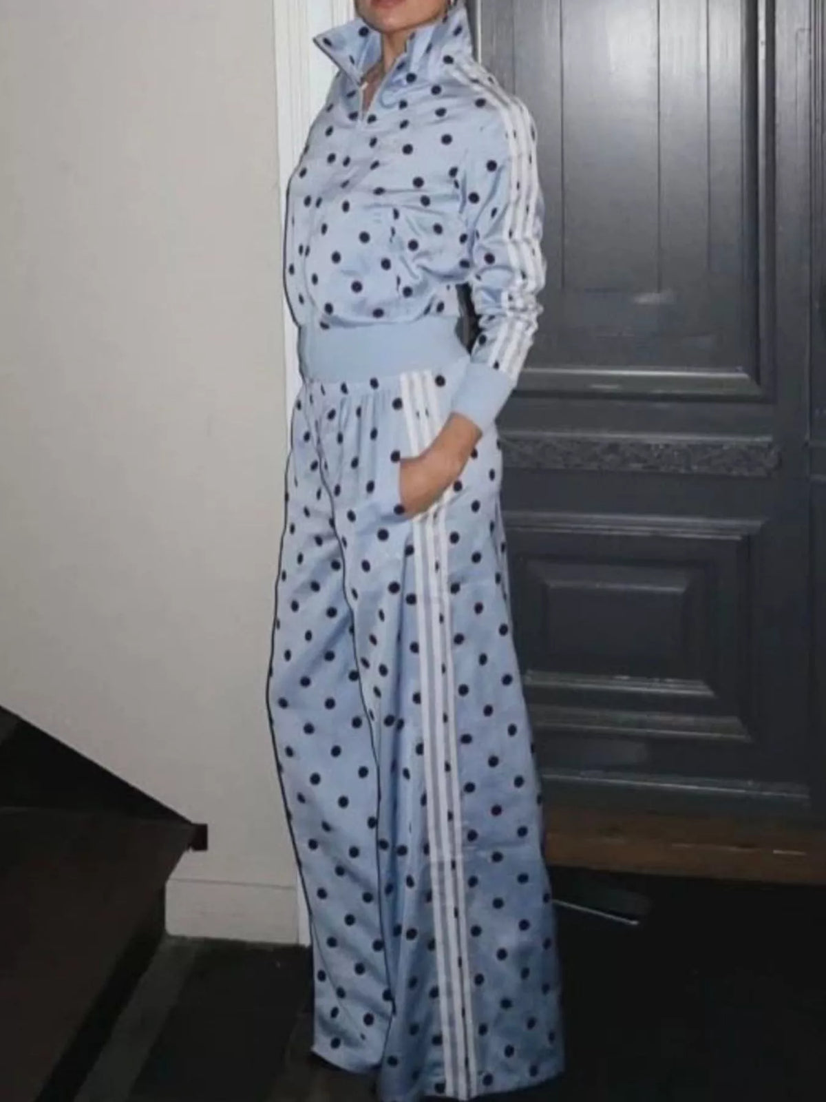 Polka Dot Side Striped Outerwear Pants Set (8)