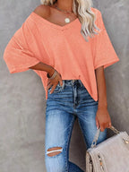 Waffle Knit V-neck Short Sleeve T-shirt (12)