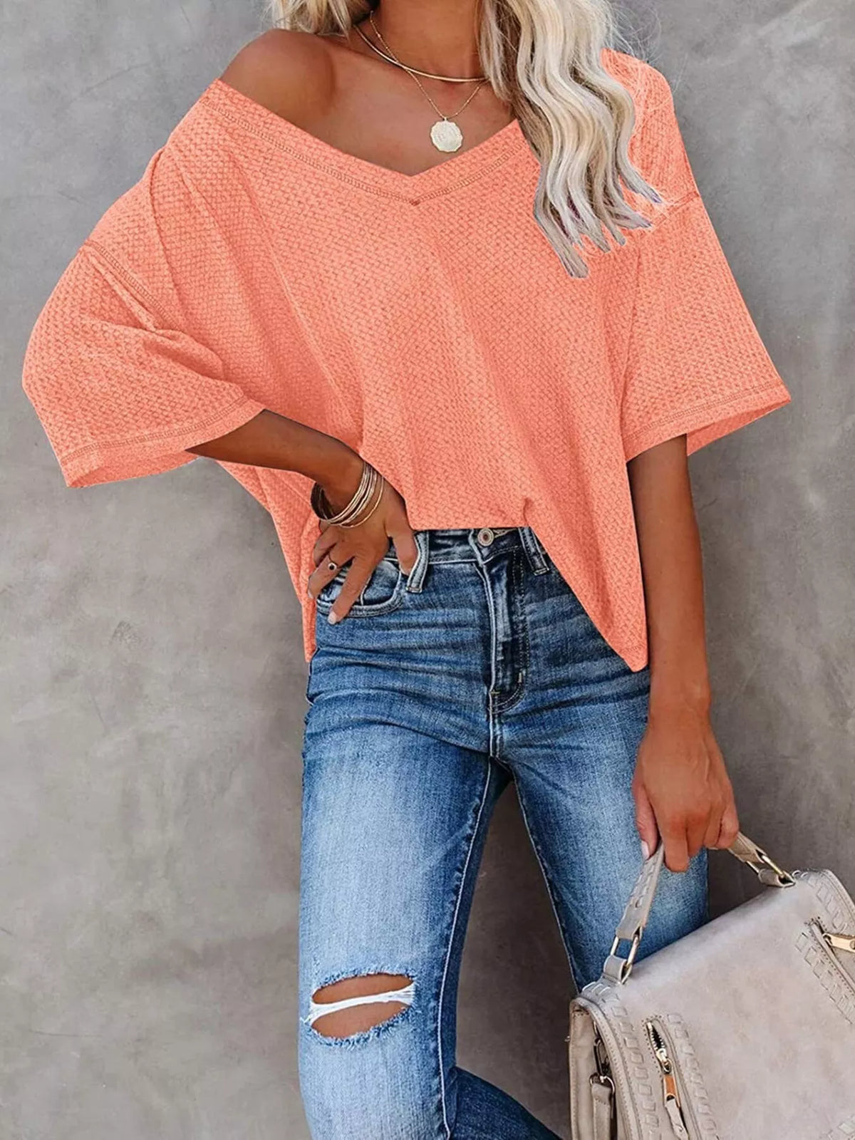 Waffle Knit V-neck Short Sleeve T-shirt (12)