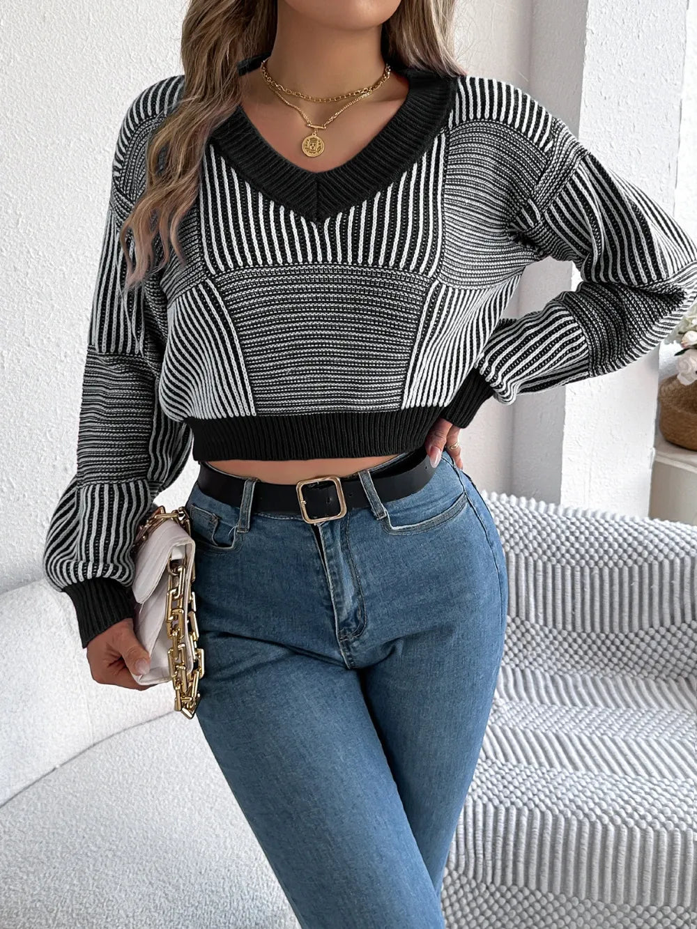 Striped V-neck Long Sleeve Sweater