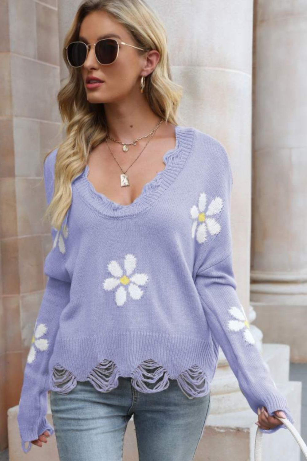 Flower Distressed Ribbed Trim Sweater (11)