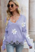 Flower Distressed Ribbed Trim Sweater (11)
