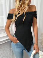 Ribbed Off-shoulder Asymmetrical Hem T-shirt (9)