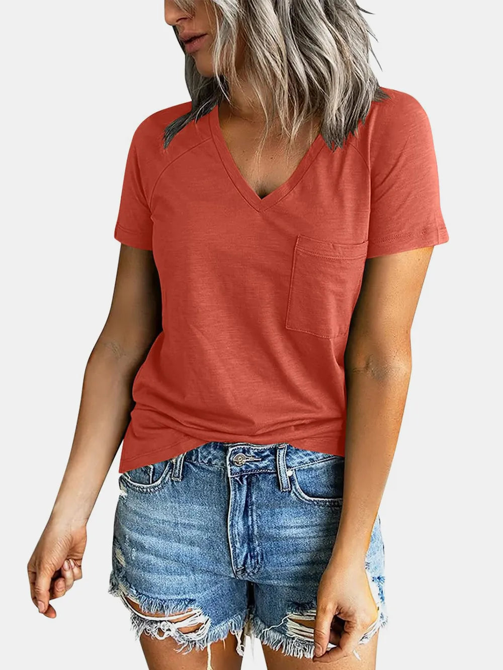 Pocketed V-neck Short Sleeve T-shirt (8)