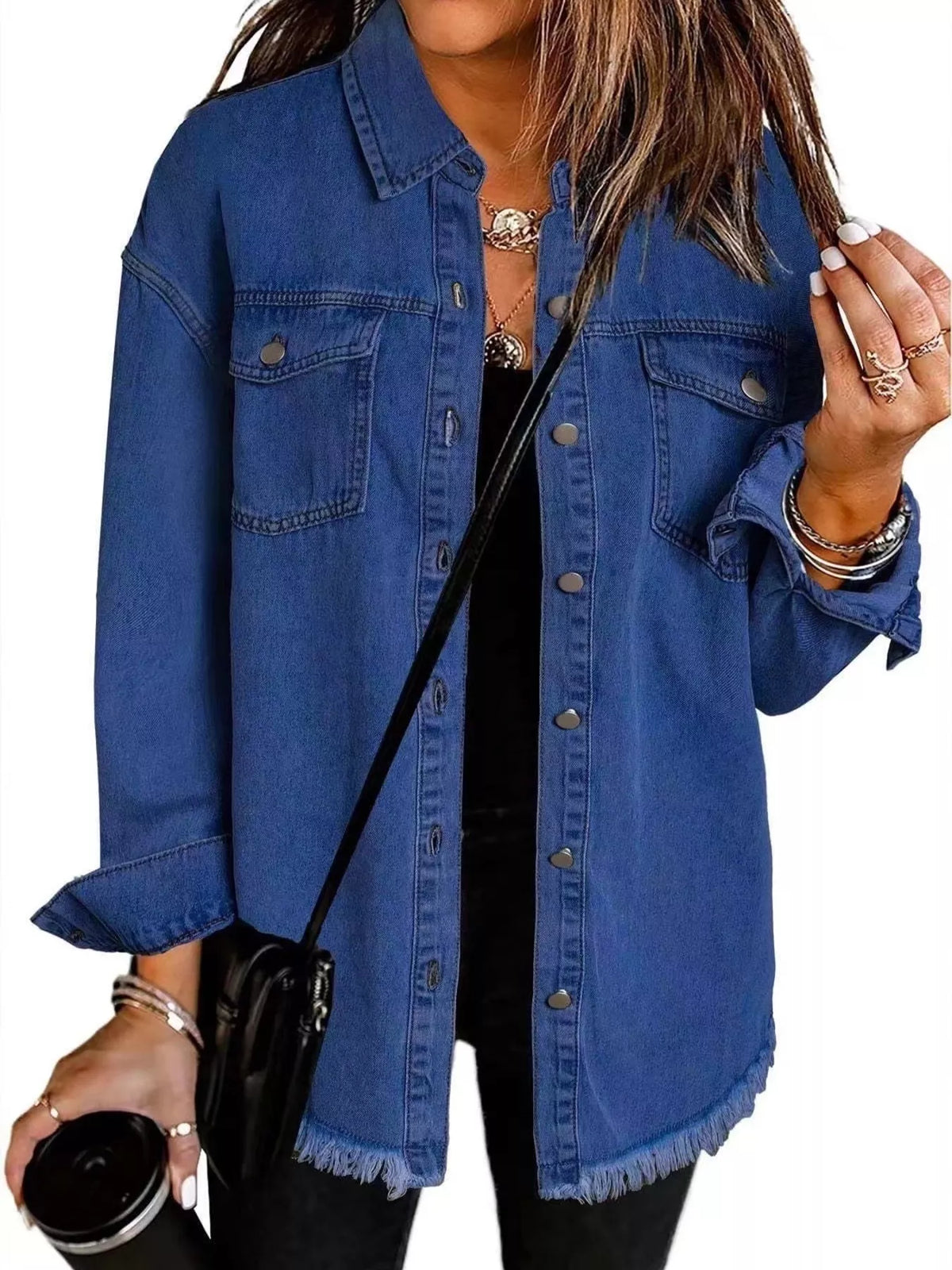 Frayed Hem Button Up Denim Jacket (5)