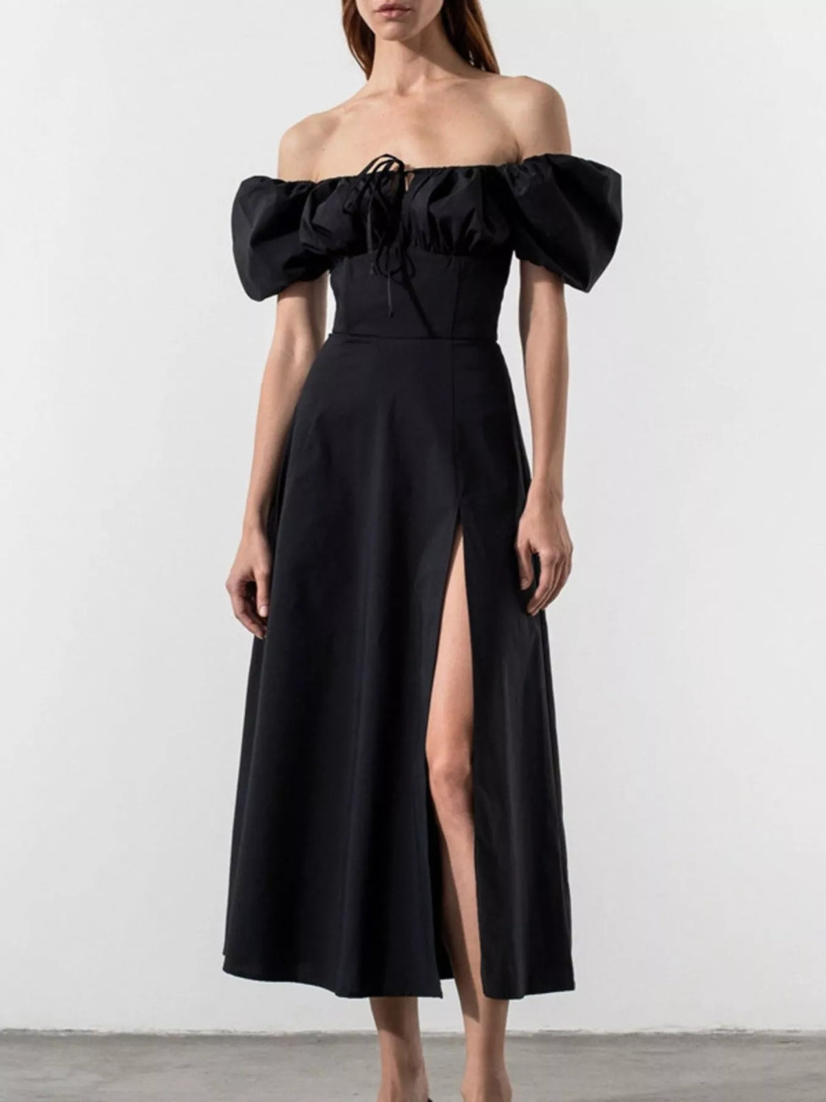 Puff Sleeve Tie Front Slit Midi Dress (9)