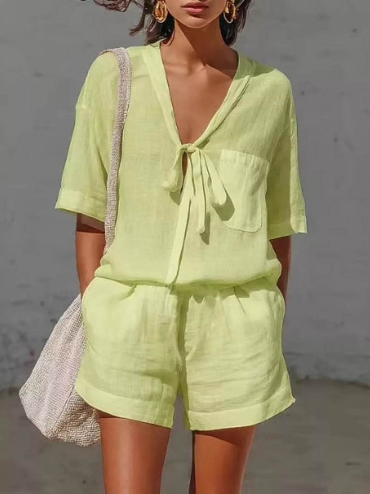 Tie-front Half Sleeve Shirt Shorts Set (5)