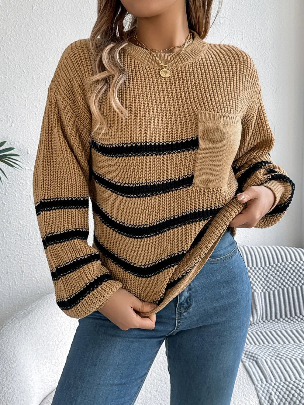 Striped Round Neck Long Sleeve Sweater (16)