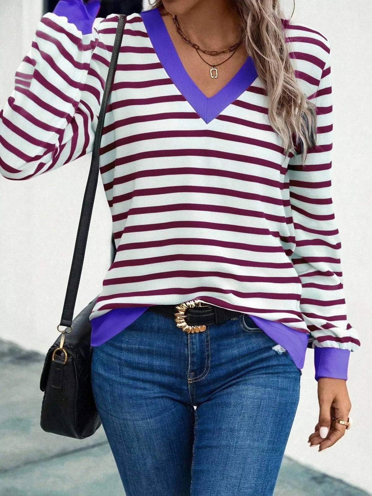 Striped V-neck Long Sleeve T-shirt (11)