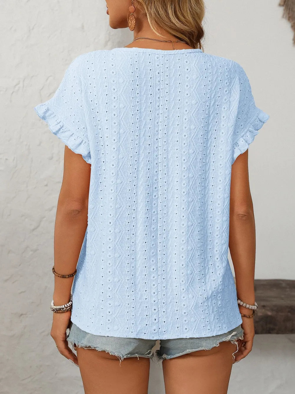 Eyelet Round Neck Short Sleeve Top (21)
